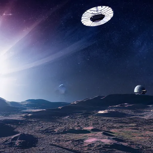Prompt: ufo landing on luminescent alien planet with craters and mountains detailed painting 4k