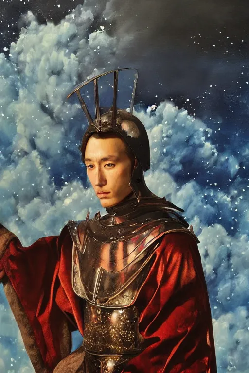 Image similar to hyperrealism oil painting, close - up portrait of caucasian medieval fashion model, knight, steel gradient mixed with nebula sky, in style of baroque mixed with 7 0 s japan book art