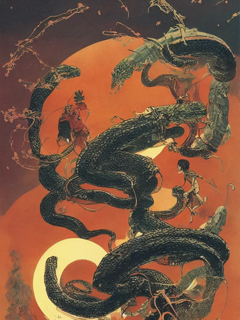 Image similar to on a strange vintage scifi planet, a samurai godess with a snake, vintage scifi poster, winslow homer, moebius, roger dean, artstation