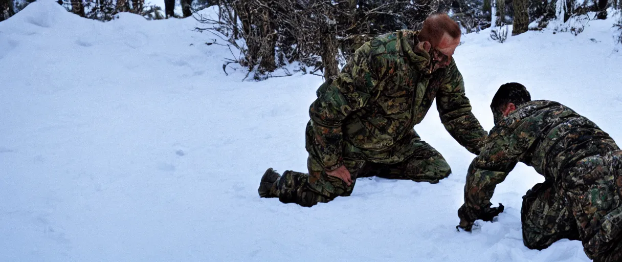 Image similar to filmic closeup semi symmetrical dutch angle movie still 4k UHD 35mm film color photograph of a man wearing military camo kneeling in the snow trying to hold in his internal organs that are spilling out after being eviscerated, his wound is gushing blood onto the snow at night time, dimly lit antarctica
