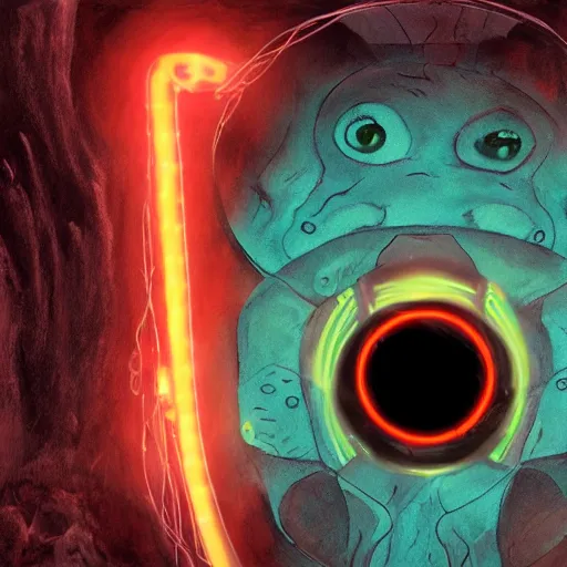 Image similar to GLaDOS as a lovecraftian god, orange glowing eye