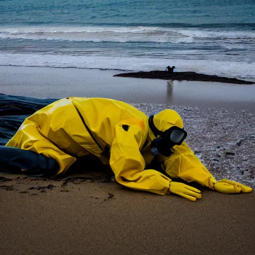 Image similar to Professional Photography, long shot, People in yellow chemical hazmat suits are investigating a huge creepy black creature washed up on the beach.