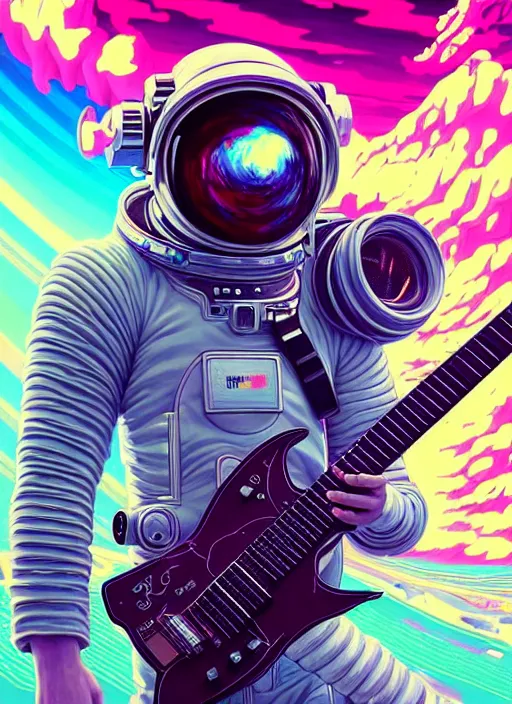 Image similar to hyper detailed ultra sharp painting of a vaporwave cyberpunk astronaut guitar musician. trending on artstation, warpaint aesthetic, earthwave, colorful, psychedelic, ornate, intricate, digital painting, concept art, smooth, sharp focus, full body, floating in space in front of saturn illustration, art by artgerm and darius zawadzki and alphonse mucha, 8 k