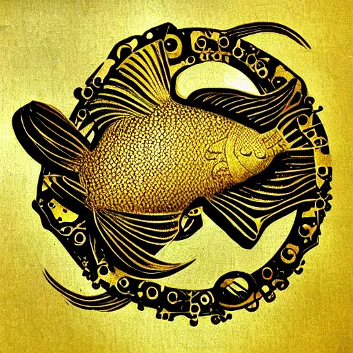 Prompt: ornate steampunk goldfish, gold and white etching, underwater, caustics