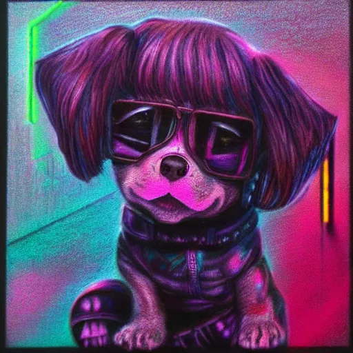 Image similar to Highly detailed pastel painting of a chibi puppy, detailed cyberpunk glitchcore synthwave art, trending on ArtStation