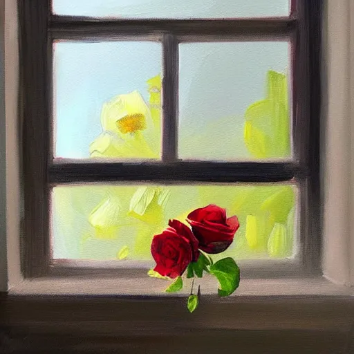 Image similar to A painting of a windowsill with flowers. Red rose. Blue violets. The natural light from the window would be shining in on the scene. Trending on artstation