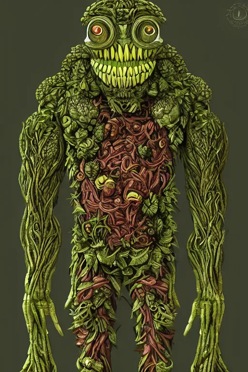 Image similar to vegetable monster humanoid figure, symmetrical, highly detailed, digital art, sharp focus, trending on art station