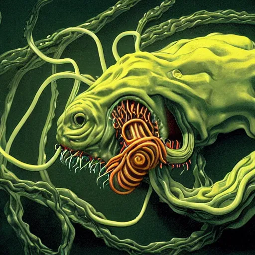 Image similar to a hyper detailed filmic wide shot 30mm color film photograph of a bundle of a dangerous shape shifting alien creaturing spewing long worm-like spiney tendrils out of its snarling mouth, the tendrils are coiling around and smothering a male 70-year-old doctor wearing a lab coat under dreary fluorescent lights in the style of an horror film still from The Thing 1982