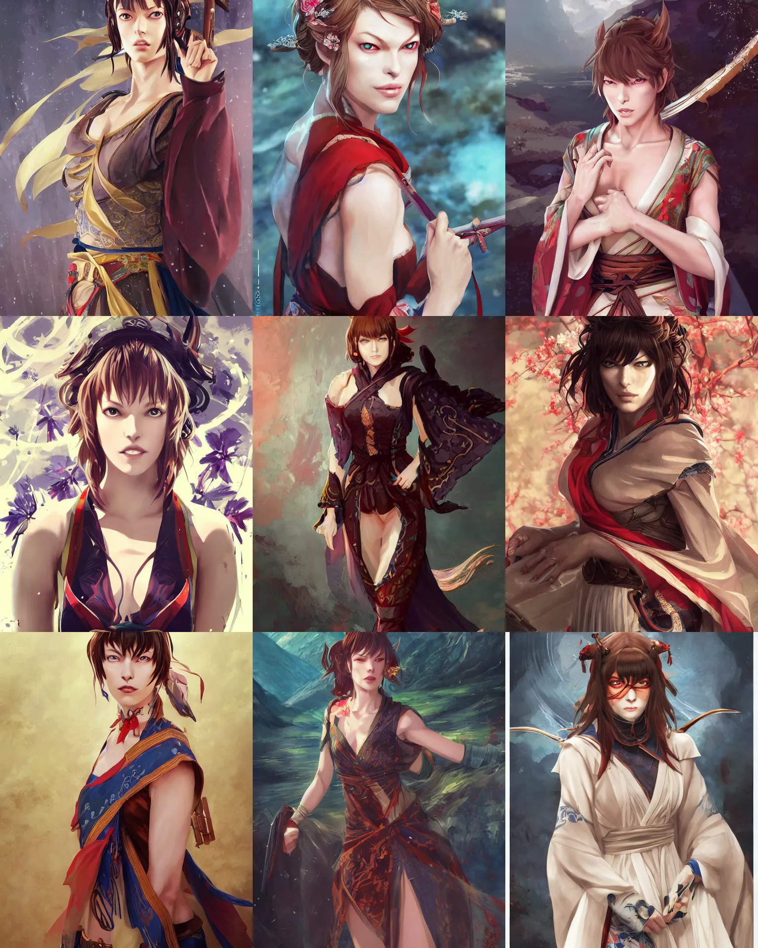 Prompt: an anime portrait of milla jovovich as a beautiful woman wearing a kimono from skyrim, by stanley artgerm lau, wlop, rossdraws, james jean, andrei riabovitchev, marc simonetti, and sakimichan, trending on artstation