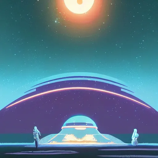 Image similar to glowing ufo inspired by René Laloux, Dan Mumford, Greg Rutkowski, stars, space cinematic