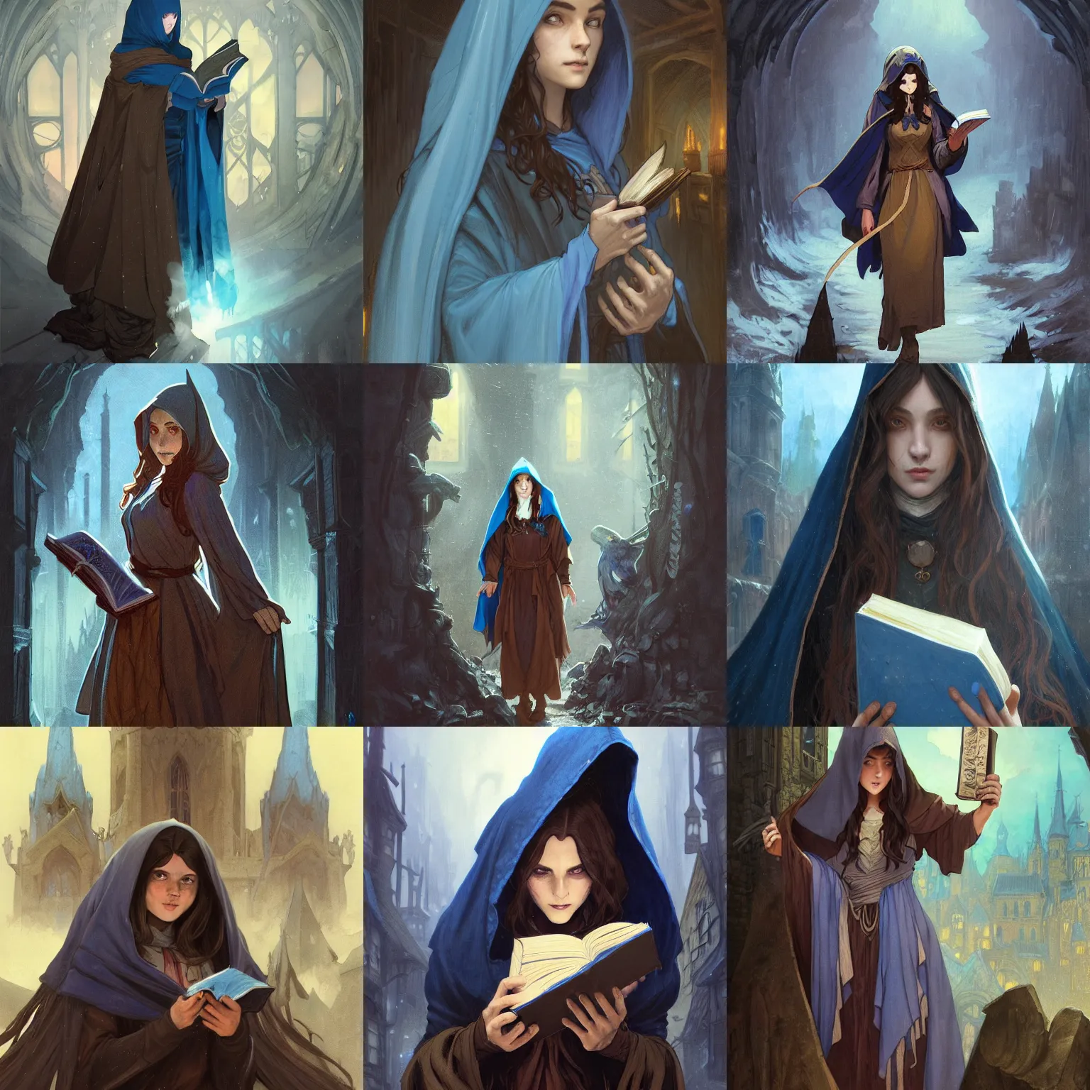 Prompt: a female wizard with long brown hair wearing a blue hood and blue robe holding a book while exploring a dark and sinister medieval village, fantasy, highly detailed, digital painting, artstation, concept art, character art, art by greg rutkowski, tyler jacobson, alphonse mucha, ross tran and makoto shinkai