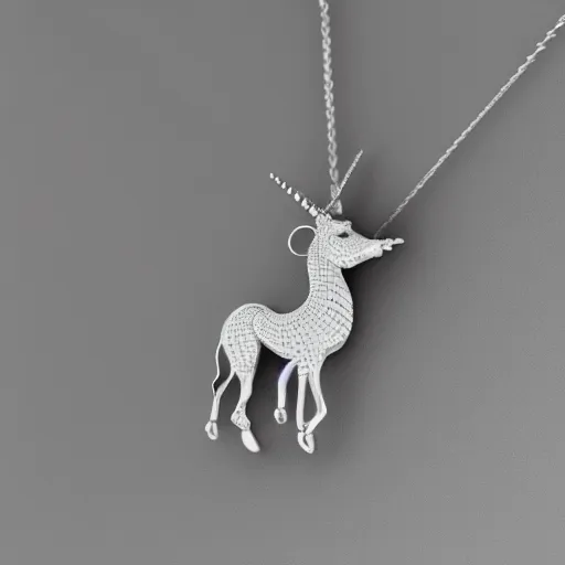 Prompt: a lovely silver unicorn necklace pendant, 3 d rendering, in the style of pandora, tiffany, swarovski, van cleef & arpels, cartier, boucheron, bulgari, chaumet, elegant, noble, stylish