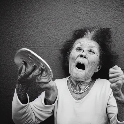 Image similar to elderly woman screaming at soup, canon eos r 3, f / 1. 4, iso 2 0 0, 1 / 1 6 0 s, 8 k, raw, unedited, symmetrical balance, wide angle