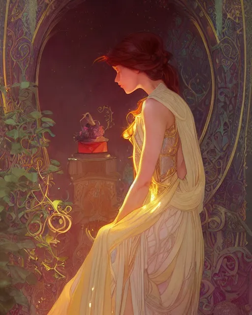 Image similar to secret romance, highly detailed, gold filigree, romantic storybook fantasy, soft cinematic lighting, award, disney concept art watercolor illustration by mandy jurgens and alphonse mucha and alena aenami, pastel color palette, featured on artstation