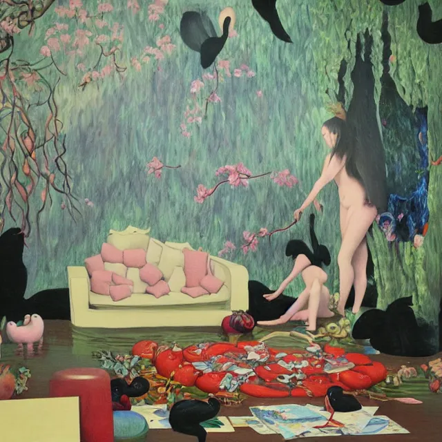 Image similar to emo catgirl art student in her lounge room, painting of flood waters inside an artist's loungeroom, a river flooding indoors, pomegranates, pigs, ikebana, water, octopus, river, rapids, waterfall, black swans, canoe, berries, acrylic on canvas, surrealist, by magritte and monet