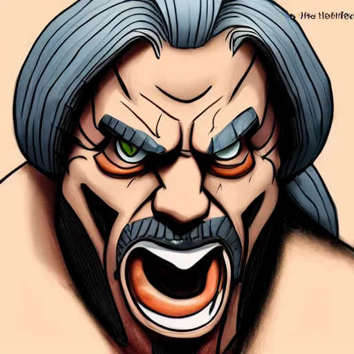 Image similar to Head-to-shoulder shot of Triple H as a Disney villain, Disney, Triple H, wrestling, WWE, Disney style, 2d, Disney 2d animation, digital 2D animation, traditional animation, Disney style, Disney animation, Deviantart, very coherent symmetrical artwork, heroic look, artstation, villain, brightly colored