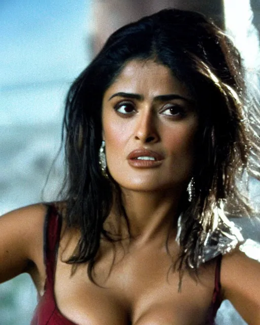 Image similar to film still of closeup portrait of young beautiful salma hayek in from dusk till dawn 1 9 9 6, octane, arney freytag, glamour pose,