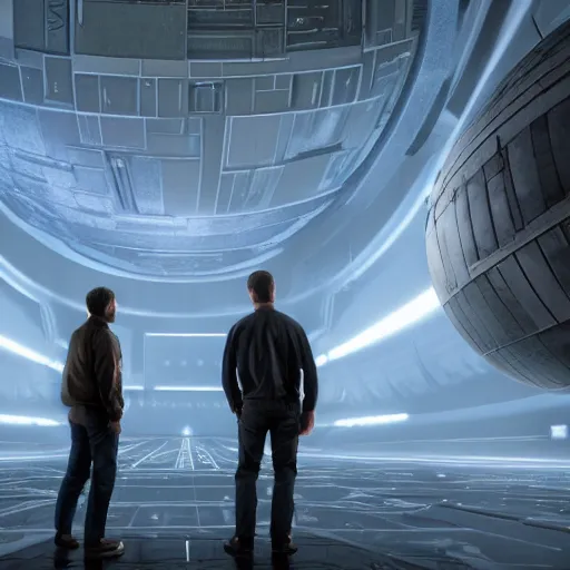 Image similar to hyperrealistic image of 2 people matt stone standing next to trey parker inside the death star, stunning 3 d render, inspired by istvan sandorfi & greg rutkowski, perfect facial symmetry, dim volumetric cinematic lighting, 8 k octane comprehensive render, extremely hyper - detailed, incredibly lifelike attributes, intricate, real flesh texture, masterpiece, artstation, stunning,