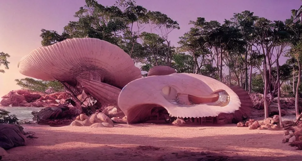 Image similar to a giant seashell house in the middle of nowhere, cinematography by syd mead, gregory crewdson, moebius, j. h. williams iii