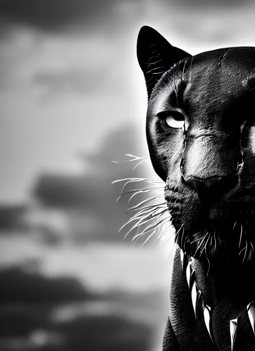 Image similar to black panther black and white portrait white sky in background