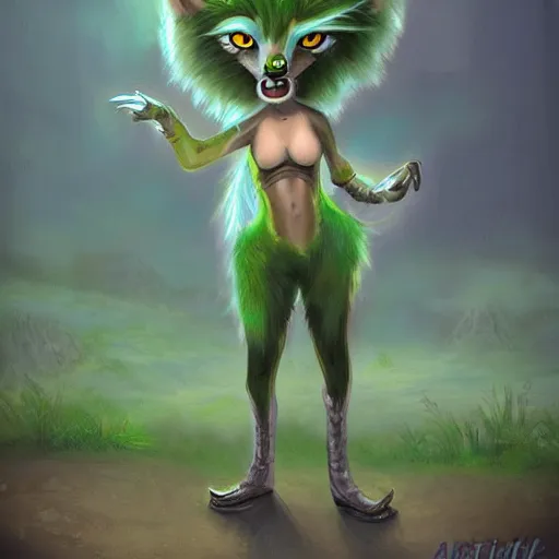 Image similar to Beautiful digital painting, oil painting, anthro anthropomorphic pastel-green androgynous wolf, at a lake Punk outfit. furaffinity, artstation