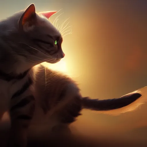 Image similar to cat genkidama charging, golden hour, fantasy, sharp focus, digital art, hyper realistic, 4 k, unreal engine, highly detailed, hd, dramatic lighting by brom, trending on artstation