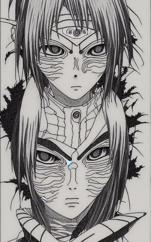 Image similar to prompt: Fragile looking face drawn by Takato Yamamoto, ceramic looking face, cyber parts, inspired by Naruto and Bandai Namco, clean ink detailed line drawing, intricate detail drawing, manga 1990