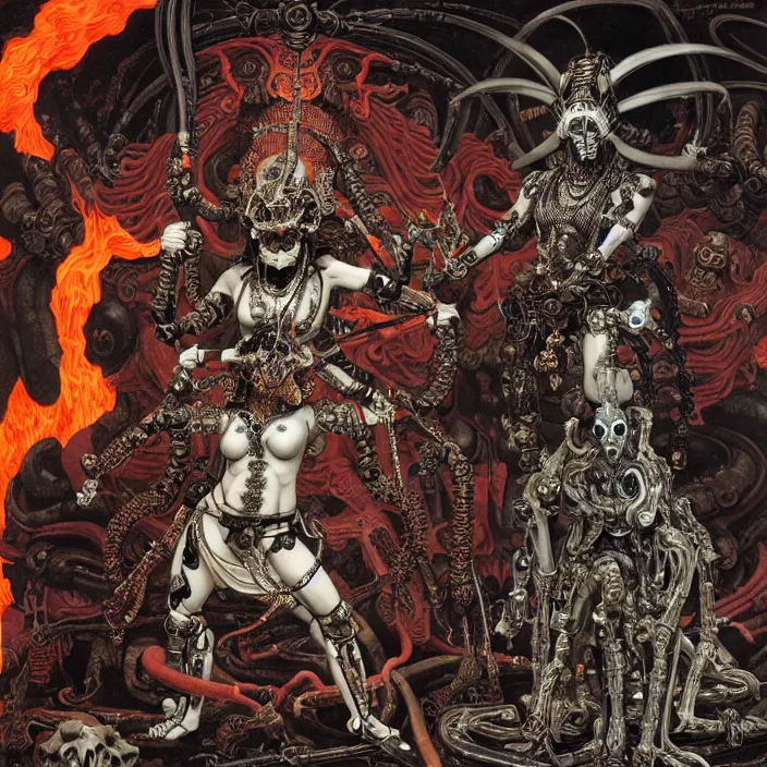 Image similar to still frame from Prometheus by Utagawa Kuniyoshi, death god Kali Durga as Dr doom in ornate bio cybernetic bone armour in front of burning souls and pile of alien skulls by Wayne Barlowe by peter Mohrbacher by Giger, dressed by Alexander McQueen and by Neri Oxman, metal couture hate couture editorial