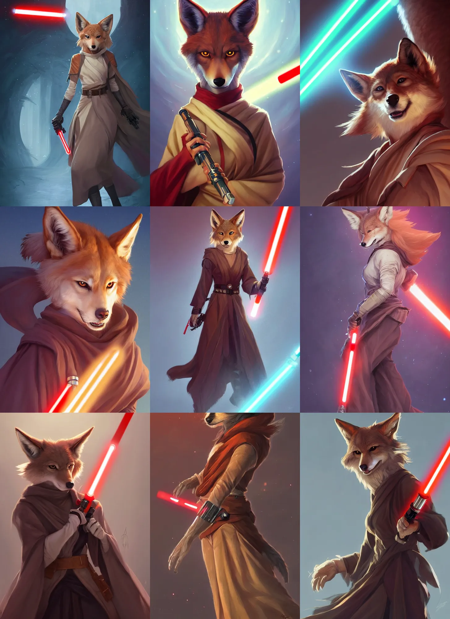 Prompt: beautiful portrait of a female anthropomorphic coyote fursona wearing jedi robes wielding a red lightsaber. character design by charlie bowater, ross tran, artgerm, and makoto shinkai, detailed, soft lighting, rendered in octane
