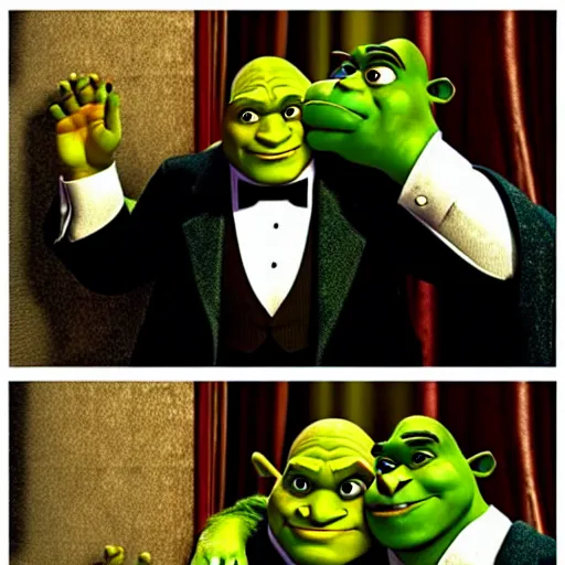 Prompt: movie still, shrek as michael in the godfather, realistic photo, 1 9 8 0, old movie