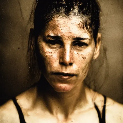 Prompt: close up portrait of woman boxer after boxing with brews blood sweating, photography photojournalism, very grainy image, 80mm lens, close up portrait polaroid