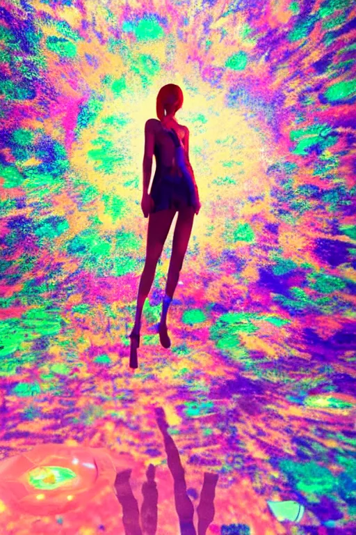 Prompt: a beautiful woman standing on a floor of broken mirror glass, psychedelic colors, artstation, 4k, octane render