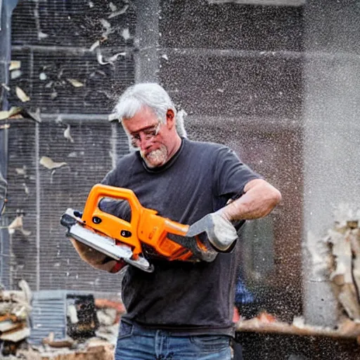 Prompt: man with chainsaw cutting a book in half, dust flying