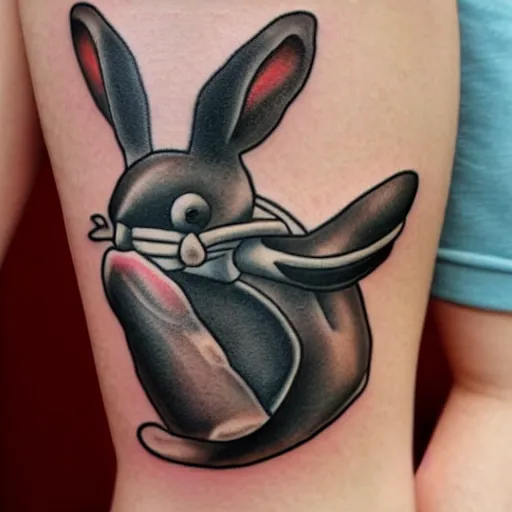 Prompt: Rabbit holding gun in his paws, riding on a killer whale style of traditional American tattoo by Sailor Jerry