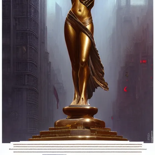 Prompt: a bronze statue stands as the centerpiece of futuristic art deco new york city, fantasy, intricate, elegant, digital painting, trending on artstation, concept art, sharp focus, illustration by greg rutkowski, Gaston Bussiere and artgerm, 4k.