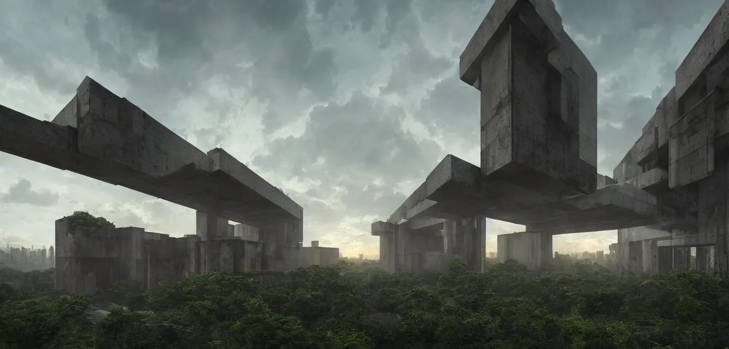 Image similar to brutalist architecture, surrounded by lush green vegetation, stunning volumetric lighting, sunset, metal, concrete, translucent material, stunning skies, 8k, photorealistic, hyper detailed, unreal engine 5, IMAX quality, cinematic, epic lighting, digital painting in the style of DOOM and Quake, by Greg Rutkowski, trending on Artstation