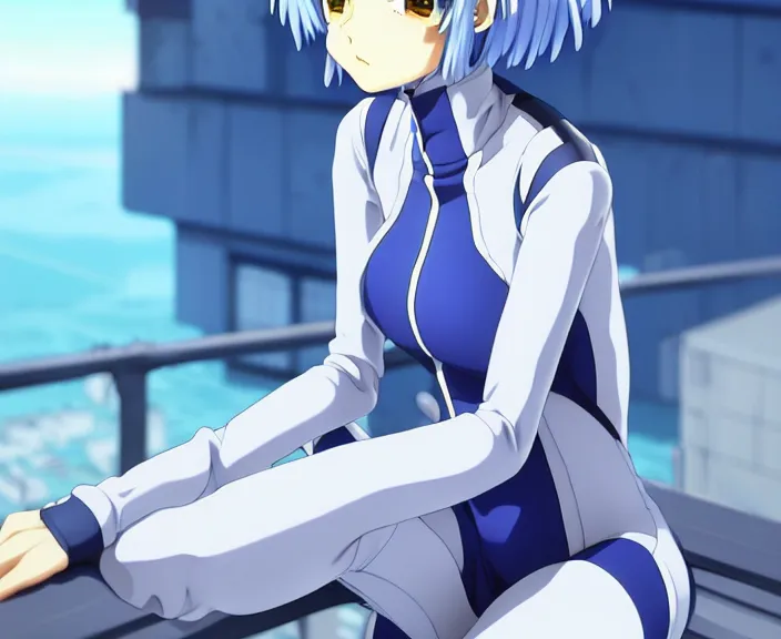 Image similar to anime art, fullbody shot of female rei ayanami, evangelion, long blue hair and large eyes, finely detailed perfect face, in a pale skintight plugsuit, sitting on rooftop, flooded city, trending on pixiv fanbox, by ilya kuvshinov, sola digital arts,, raytracing