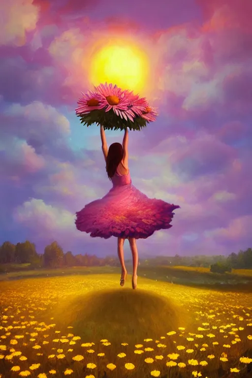 Image similar to giant daisy flower as head, girl dancing in a flower field, surreal photography, sunrise, dramatic light, impressionist painting, colorful clouds, digital painting, artstation, simon stalenhag