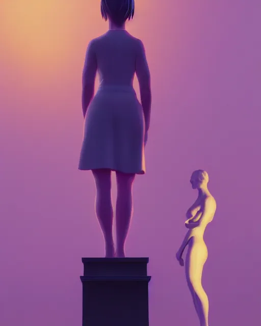 Image similar to a painting of a woman standing in front of a statue, a screenshot by stanley twardowicz, cgsociety, aestheticism, aesthetic, vaporwave, anime aesthetic