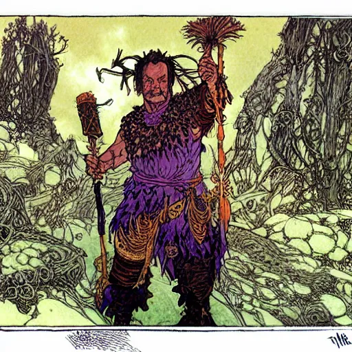 Prompt: a high fantasy closeup portrait of bill murray as a mystical druidic punk warrior giving the camera the middle finger by rebecca guay, michael kaluta, charles vess and jean moebius giraud