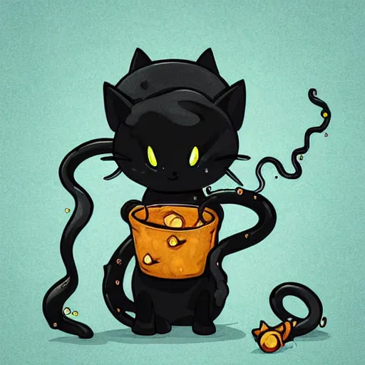 Prompt: a cute digital art of black ink slime in form of liquid black cat with tentacles , cartoon sticker illustration , dnd slime art