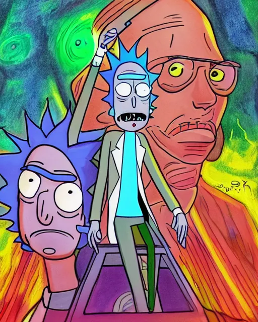 Image similar to dramatic line - art portrait of rick and morty, color glow, intense shading