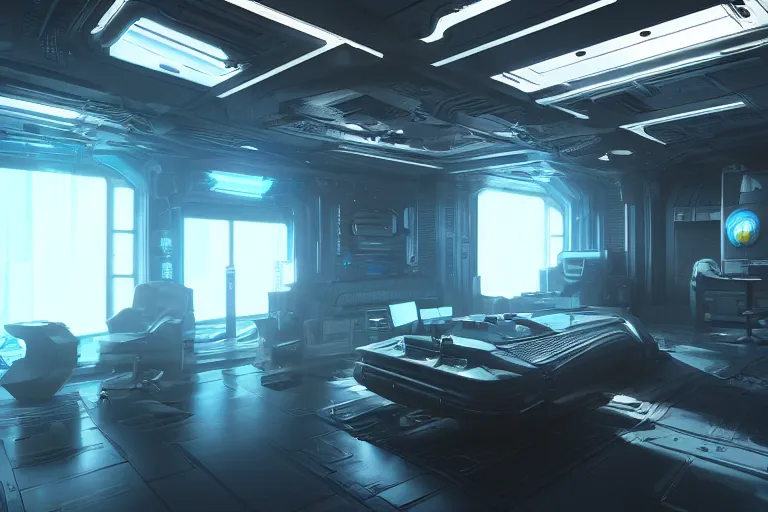 Image similar to cyberpunk alien concept inspired room, futuristic look, highly detailed body, very powerful, photorealistic camera shot, bright studio setting, studio lighting, crisp quality and light reflections, unreal engine 5 quality render