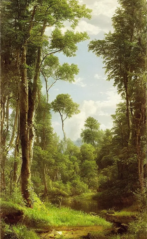 Image similar to artwork painting of a lush environment by eugene von guerard, ivan shishkin