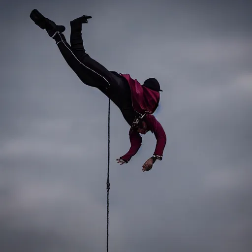 Prompt: hd photograph of a vampire walking on balance rope, stunt show