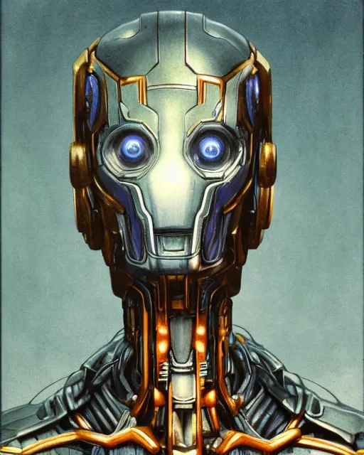 Image similar to portrait of a tanzanite ultron from age of ultron, clockwork steampunk, dieselpunk, head and chest only, by beksinski, 4 k, deviantart, trending on artstation