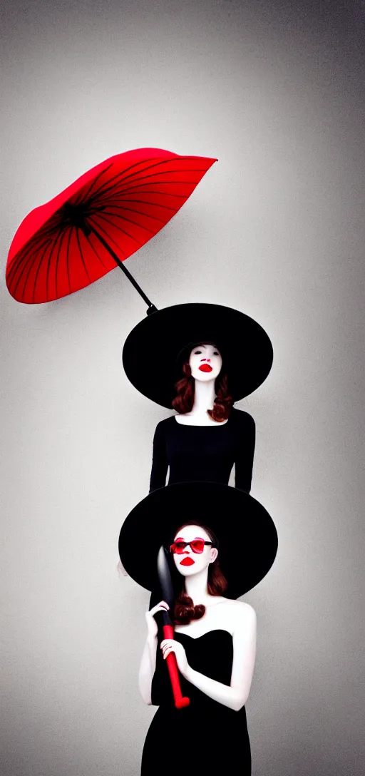 Image similar to a beautiful white pale skin girl, greg background, black dress, vibrent red lipstick, a black hat, black umbrella