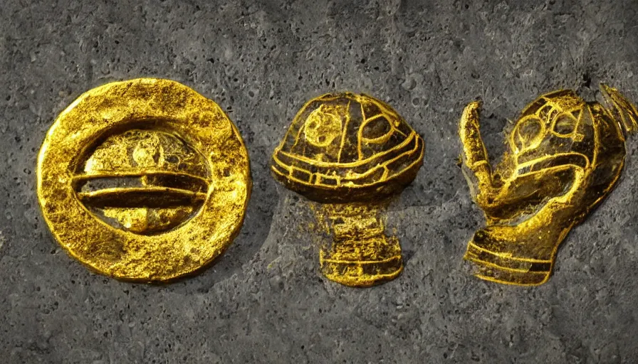 Image similar to hieroglyphs showing ufos alien planets, gold plate render, various refining techniques, micro macro auto focus, top photography photo art gallery, realistic photo, insane detail