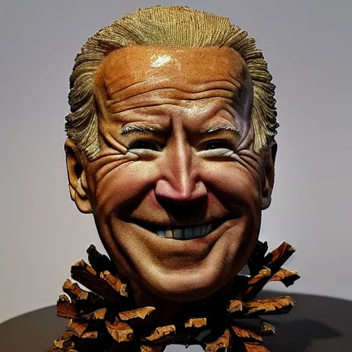 Image similar to a sculpture of joe biden made out of pinecones