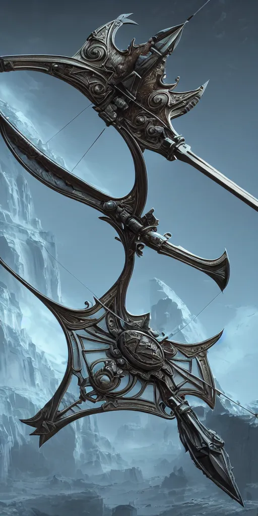 Image similar to a beautiful delicate huge mega bow and arrow weapon, solid background, electron flow, android, mechanical, metal, weapon design, fine texture structure, hyper detailed, perfect shadows, atmospheric lighting, 3 d render, in the style of pascal blanche and sparth juan raphael lacoste paul pepera pablo roldan, displayed in the exhibition hall, 4 k hd